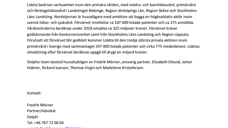 Delphi biträder Lideta vid förvärv av vårdcentraler från Aleris