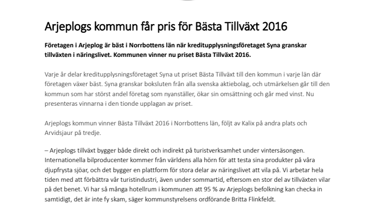 Arjeplogs kommun får pris för Bästa Tillväxt 2016