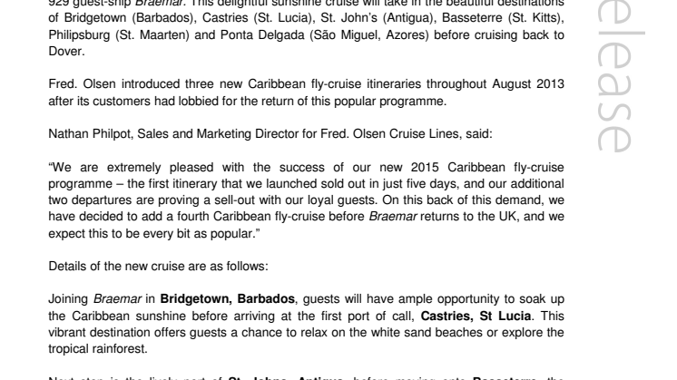 Fred. Olsen Cruise Lines introduces a fourth winter Caribbean  fly-cruise for early 2015