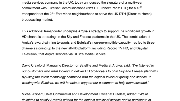 Arqiva books further capacity with Eutelsat to step up High Definition content for UK viewers 