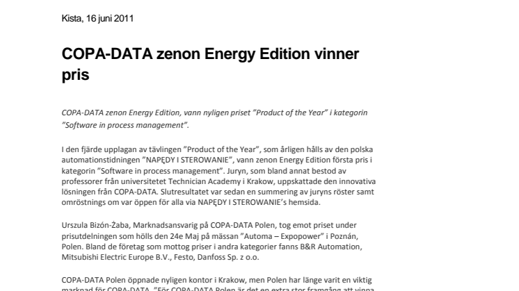 COPA-DATA zenon Energy Edition vinner pris