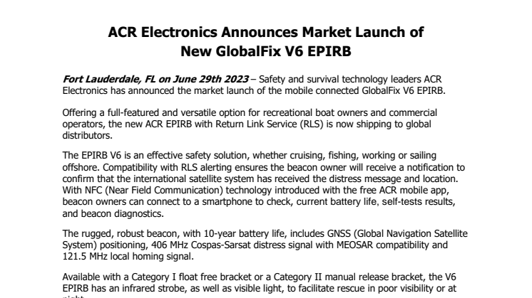 June 29_ ACR Electronics Announces Market Launch of New GlobalFix V6 EPIRB.pdf