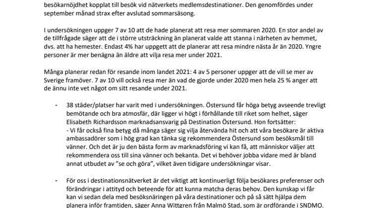 Bemötande, trevlig atmosfär och hög vilja att rekommendera i fokus för Östersund när årets    ”Resa i Sverige”-undersökning redovisas