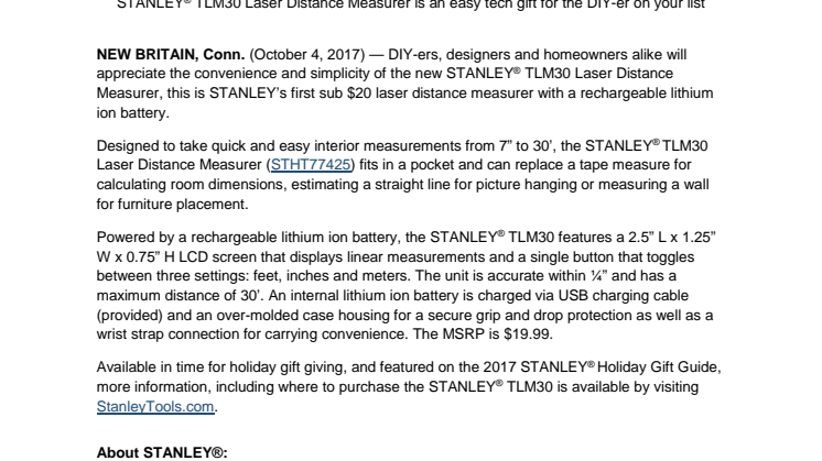 STANLEY Packs Convenience and Ease Into Its Smallest Rechargeable Laser Distance Measurer 