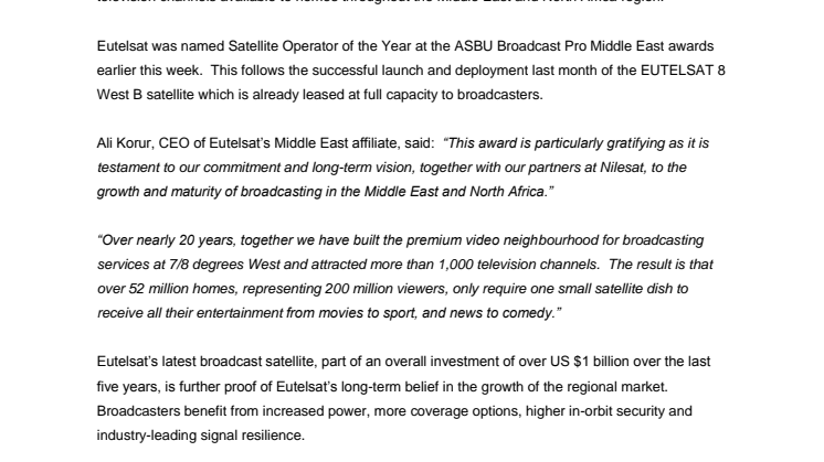 Eutelsat recognised by Arab States Broadcasting Union’s Broadcast Pro Middle East awards as Satellite Operator of the Year