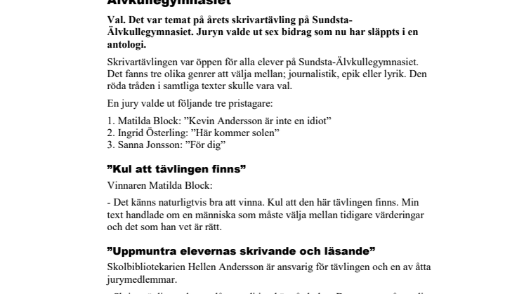 Boksläpp efter skrivartävling på Sundsta-Älvkullegymnasiet