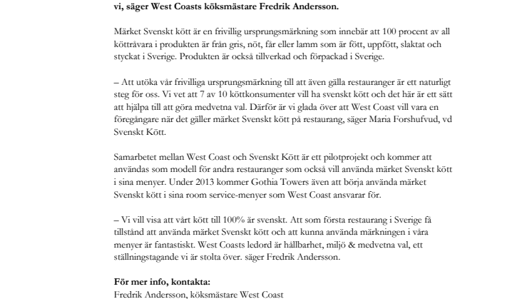 West Coast första restaurang att få använda Svenskt kött-märket
