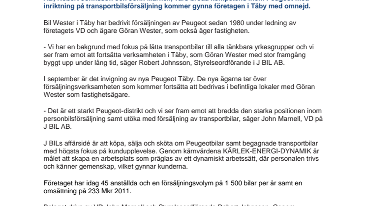 J BIL AB tar över försäljningen av Peugeot i Täby!