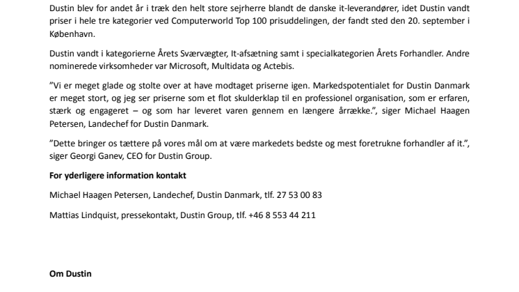Dustin kåret til Danmarks dygtigste it-leverandør