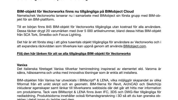 Nya BIM-objekt tillgängliga för Vectorworks, Revit, SketchUp och ArchiCAD