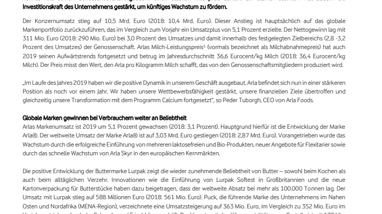 Bilanz 2019: Markengeschäft und Transformations-Programm liefern starkes Ergebnis für Arla 