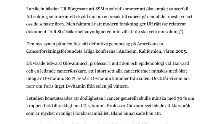 AB: "SSM:s solråd kommer att öka antalet cancerfall" 