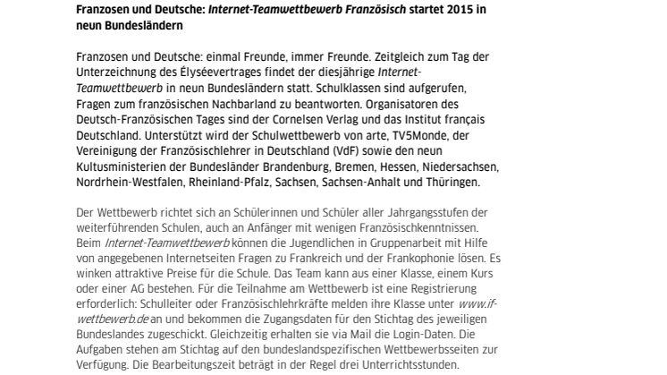 Franzosen und Deutsche: Internet-Teamwettbewerb Französisch startet 2015 in neun Bundesländern 