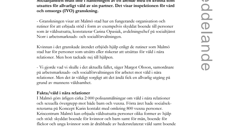 Granskning visar att socialtjänsten gjorde rätt i våldsärende