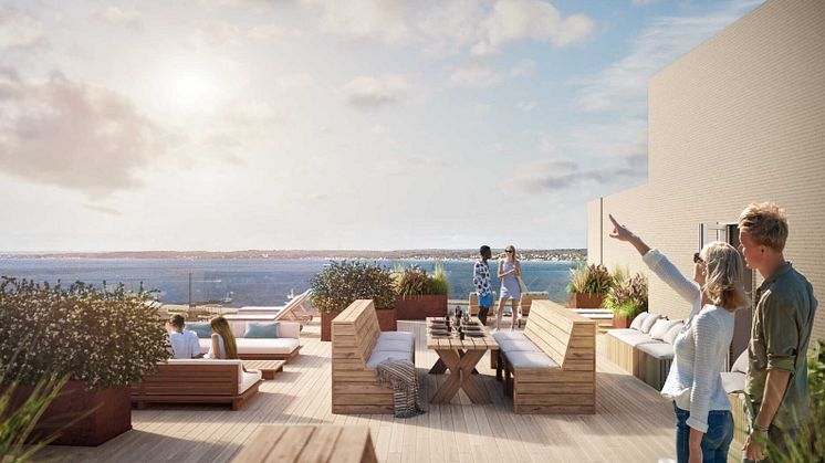 Brf Panoramautsikten i Helsingborg med utsikt över sundet.
