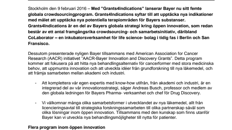Bayer fortsätter satsa inom öppen innovation