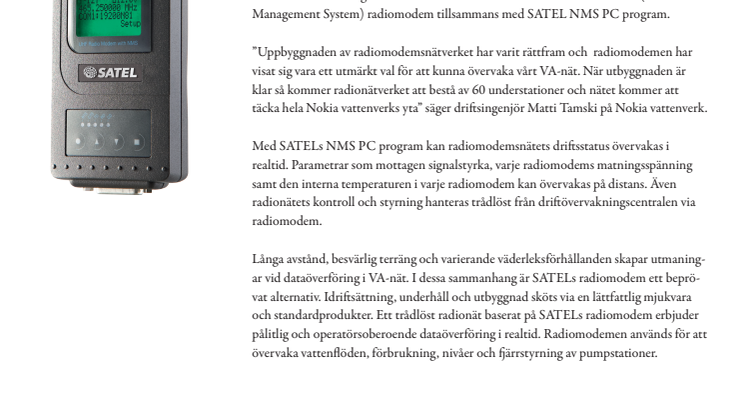 SATELs radiomodem ger Nokia Vattenverk full kontroll 