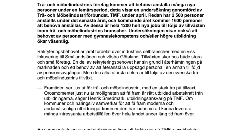 Många nya arbetstillfällen till trä- och möbelindustrin: rekryteringsbehov på 7 300 personer