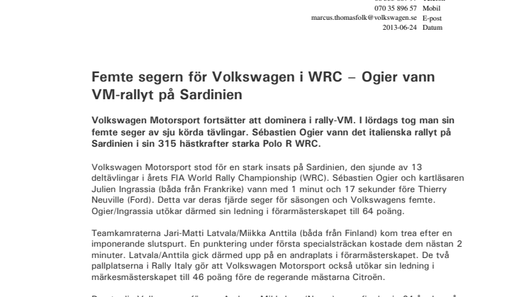 Femte segern för Volkswagen i WRC – Ogier vann VM-rallyt på Sardinien 