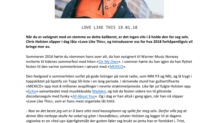 Chris Holsten / Love Like This / Pressemelding