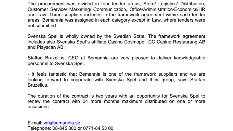 Bemannia signs agreement with Svenska Spel  