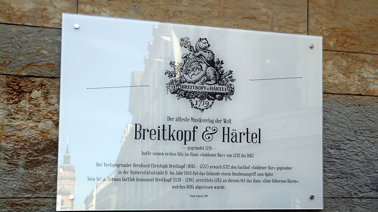 Gedenktafel anlässlich de 300. Gründungsjubiläums des Verlages Breitkopf & Härtel