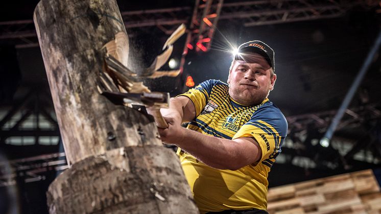 Calle Svadling var ytterst nära att ta sig till lördagens final under torsdagens kval. Calle hade samma poäng men sämre sammanlagd tid än Elgan Pugh från Storbritannien. Foto: STIHL TIMBERSPORTS®