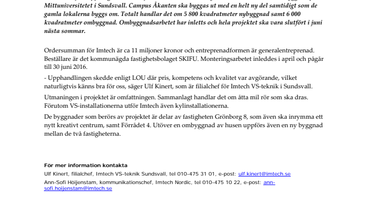 Stort universitetsprojekt för Imtech i Sundsvall