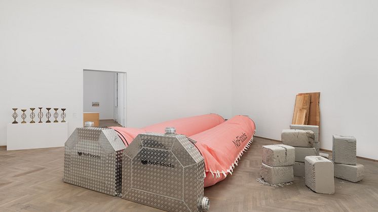 Jessica Olausson, My Own Brucie the American Cocker Spaniel, pine wood, artificial ash, 2023. Niels Holk Hartnack, Group of Seven Archangels (Michael, Raphael, Gabriel, Uriel, Sariel, Raguel, and Remiel) 2023