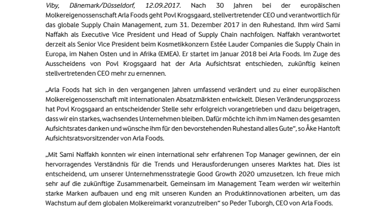 Arla Foods ernennt neuen globalen Chef Supply Chain 