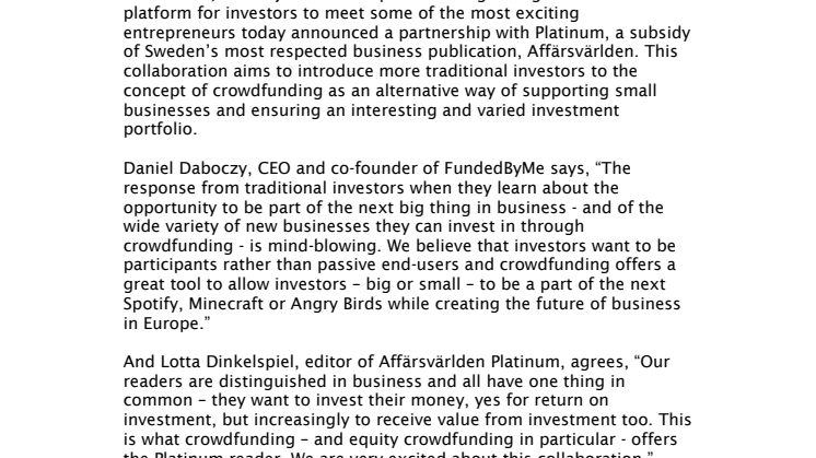 FundedByMe collaborates with Affärsvärlden