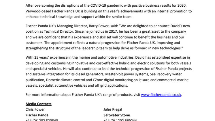 Fischer Panda UK Appoints David Payne as Technical Director