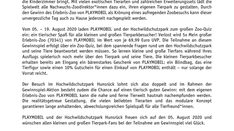 Tierischer Spaß zum Ende der Sommerferien: PLAYMOBIL und der Hochwildschutzpark Hunsrück laden zum Zoo-Quiz ein