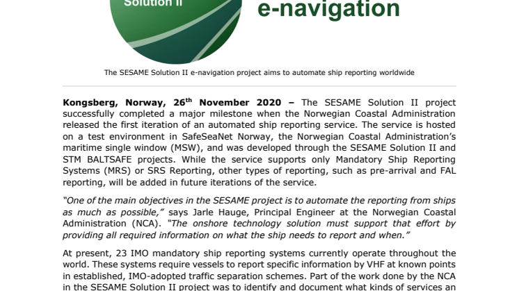 Automated ship reporting service launched by NCA as part of KONGSBERG’s Sesame Solution II project
