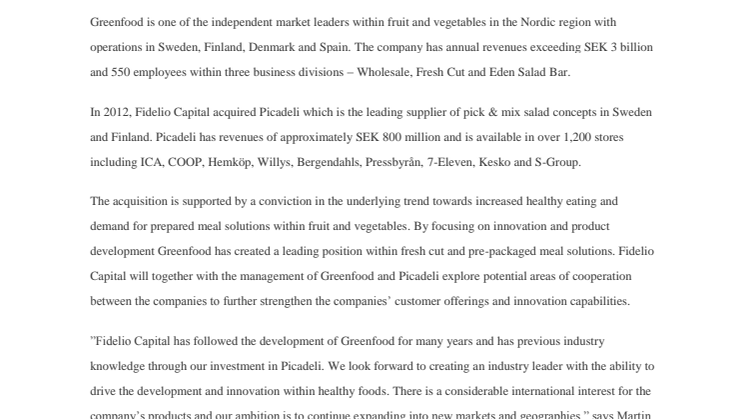 Fidelio Capital completes acquisition of Greenfood
