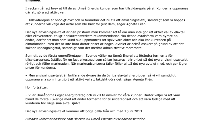 Umeå Energi tar bort tillsvidarepriset - nya anvisningsavtalet blir mer rättvist