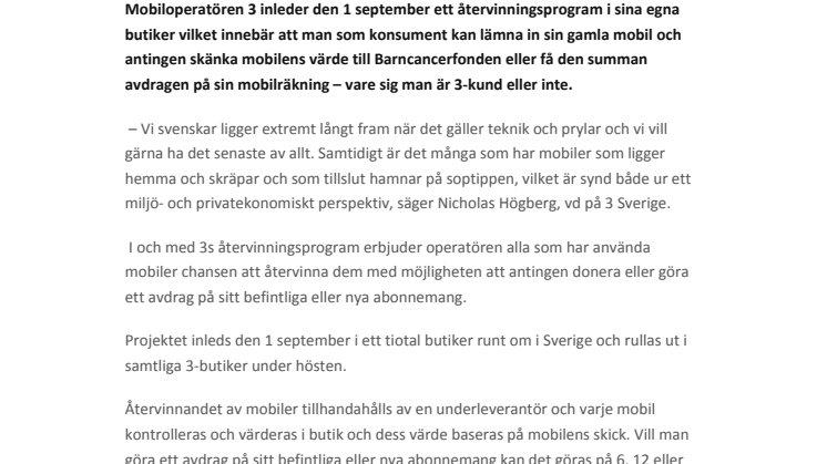 3 startar återvinningsprogram för mobiler