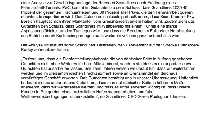 Unparteiisches Gutachten schließt, dass Scandlines einen großen Marktanteil des Verkehrs auf der Strecke Puttgarden-Rødby weiterhin halten wird