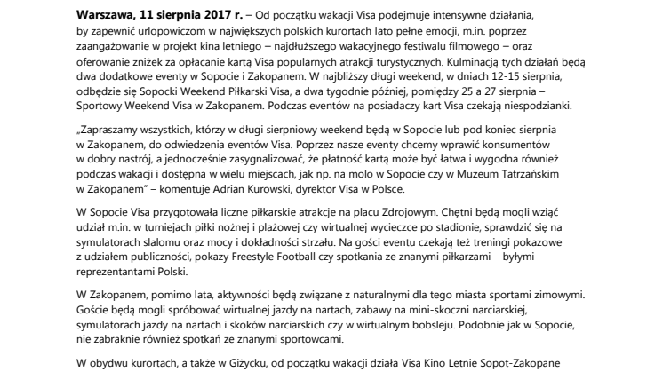 Visa organizuje weekend piłkarski w Sopocie i weekend sportowy w Zakopanem