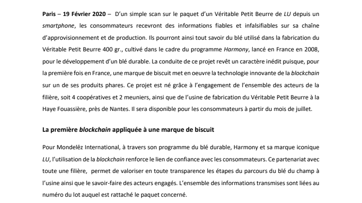 Mondelēz International et son programme du blé durable Harmony lancent en France la première blockchain sur un biscuit : Le Véritable Petit Beurre de LU 