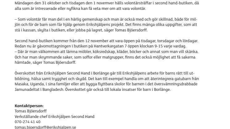 Erikshjälpen söker volontärer till ny butik i Borlänge