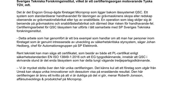 Säkert låssystem för snabbfästen till grävmaskiner får unik certifiering