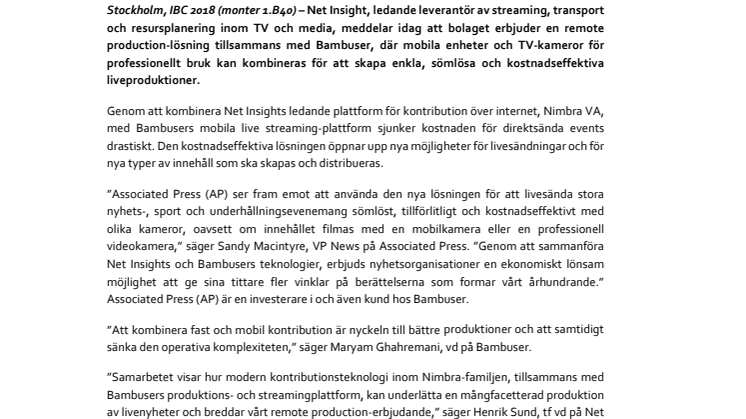 Net Insight och Bambuser ingår partnerskap  kring remote production
