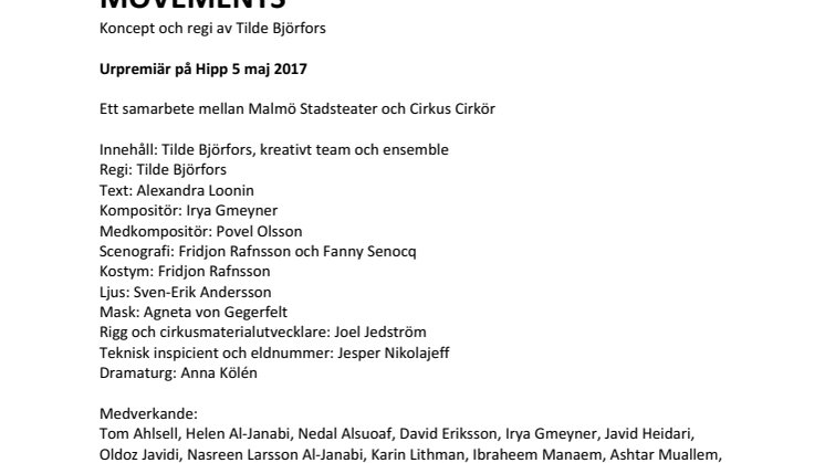 Cirkus Cirkör och Malmö Stadsteater bjuder in till pressmöte inför urpremiären av MOVEMENTS