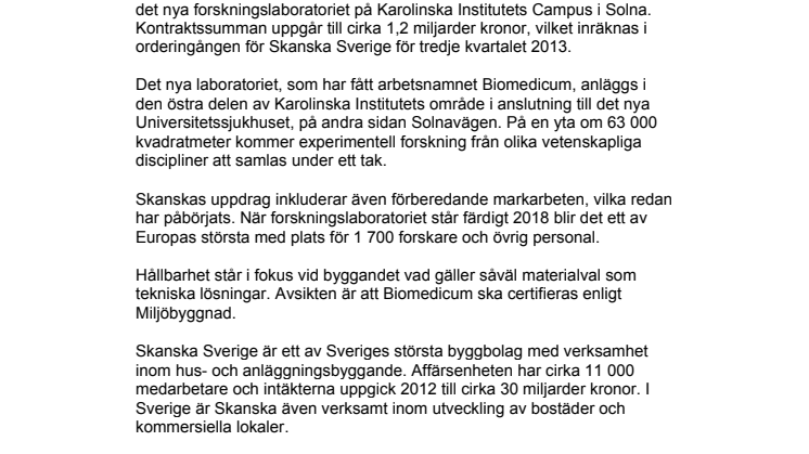 Skanska bygger forskningslaboratorium vid Karolinska Institutet för 1,2 miljarder kronor