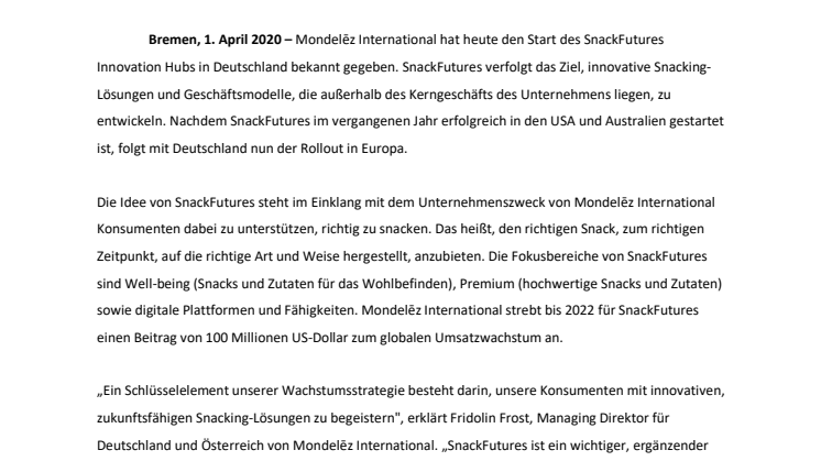 Mondelēz International bringt SnackFutures Innovation Hub nach Deutschland
