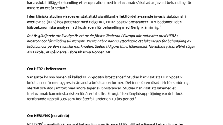 TLV subventionerar NERLYNX vid HER2+ bröstcancer.*