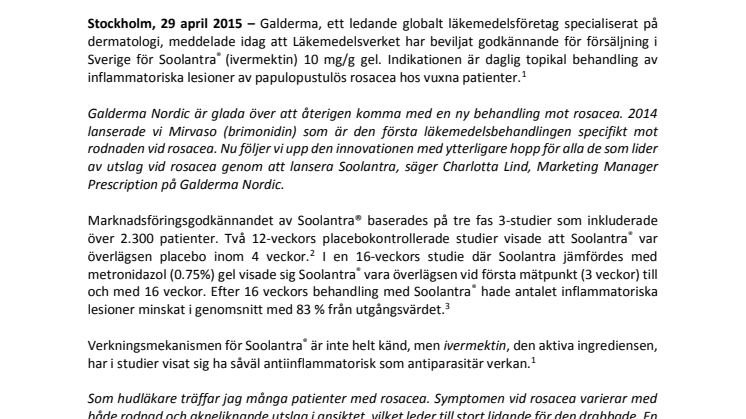 SOOLANTRA® (IVERMEKTIN) NU GODKÄNT FÖR BEHANDLING AV ROSACEAPATIENTER