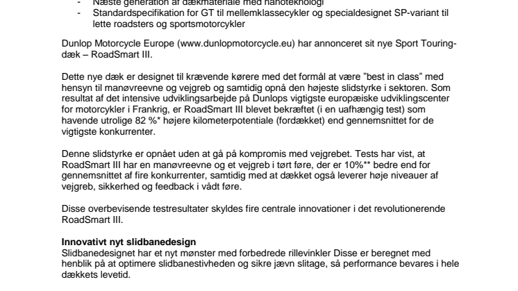 Dunlop Europe præsenterer det nye RoadSmart III-touring-dæk – med revolutionerende, nye teknologier