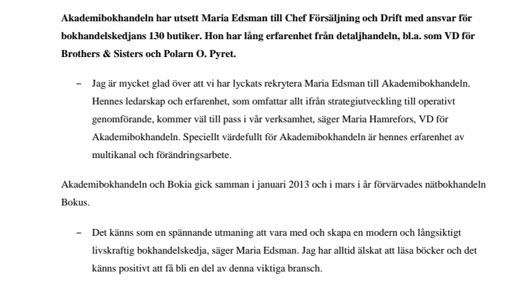 Maria Edsman ny chef för Akademibokhandelns butiker